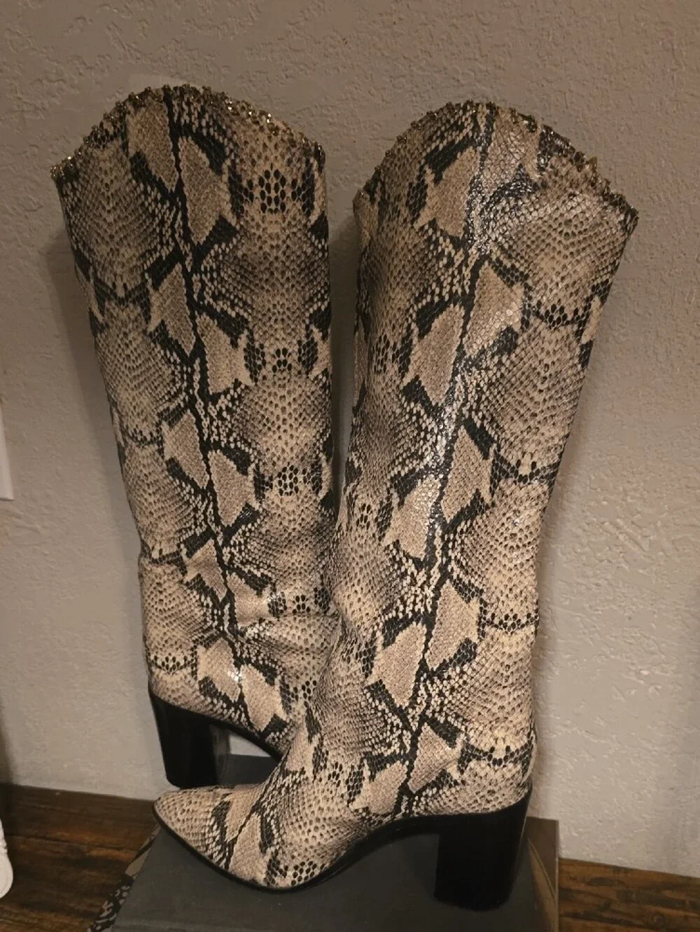 SCHUTZ Snake-Print Over-the-Knee Boots in Beige & Black